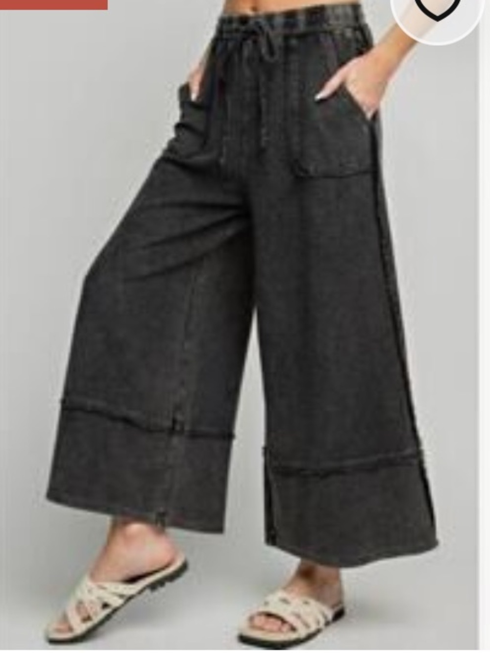 Easel Let's Chill Mineral Wash Black Terry Knit Wide Leg Crop Pant Womens Large